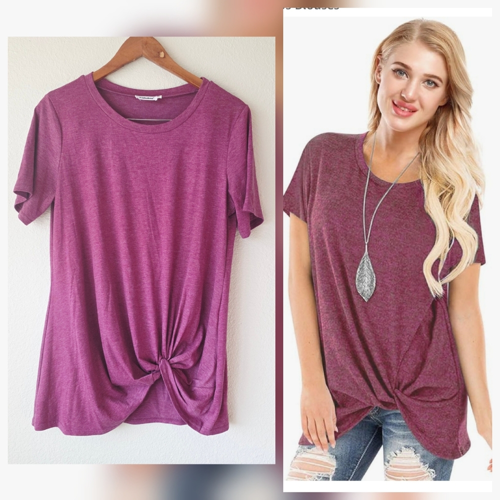 Yidarton Raspberry Tunic Front Knot Crew Neck Short Sleeve T-Shirt Size M